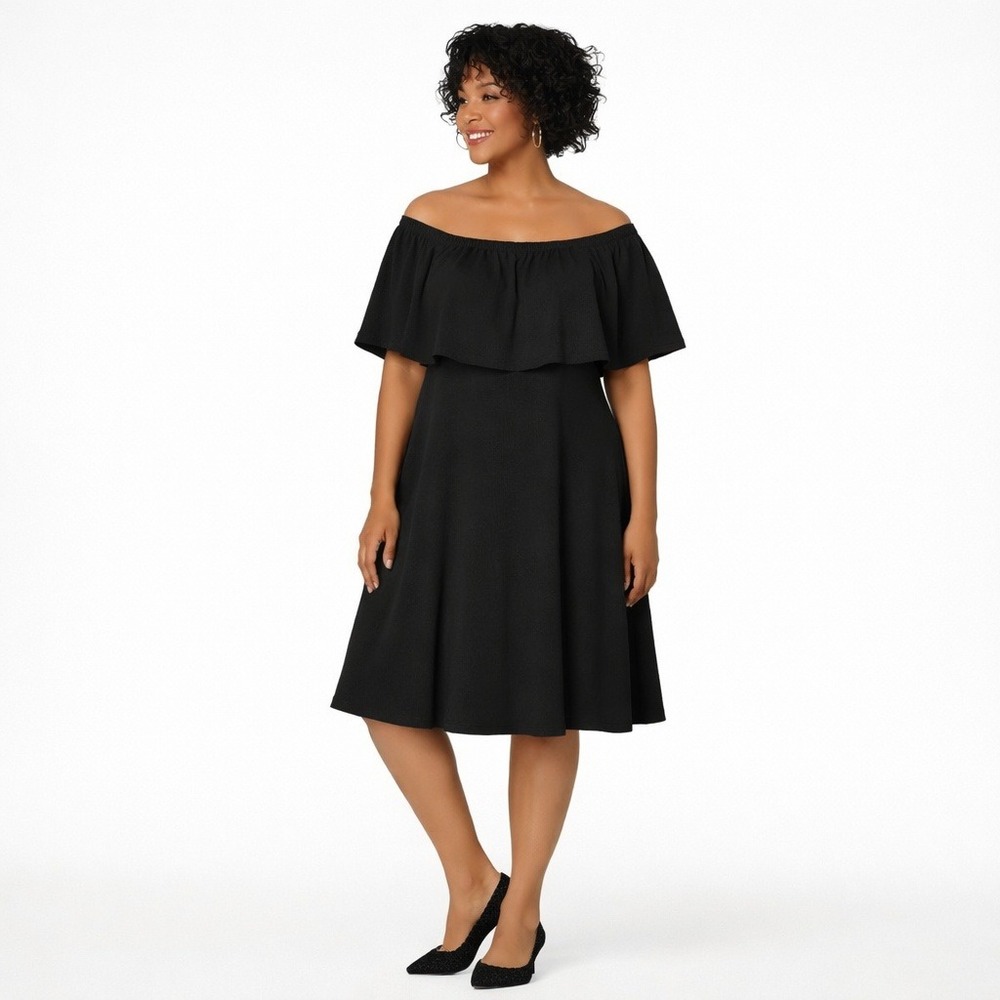 Isaac Mizrahi Live Black Pebble Knit Off‎ Shoulder Midi Dress 2X Fit Flare Party